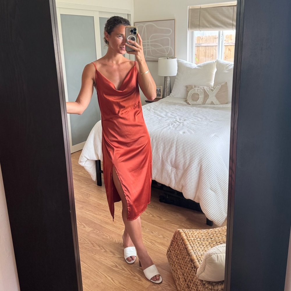 Rust Color Satin Cowl Neck Slip Dress